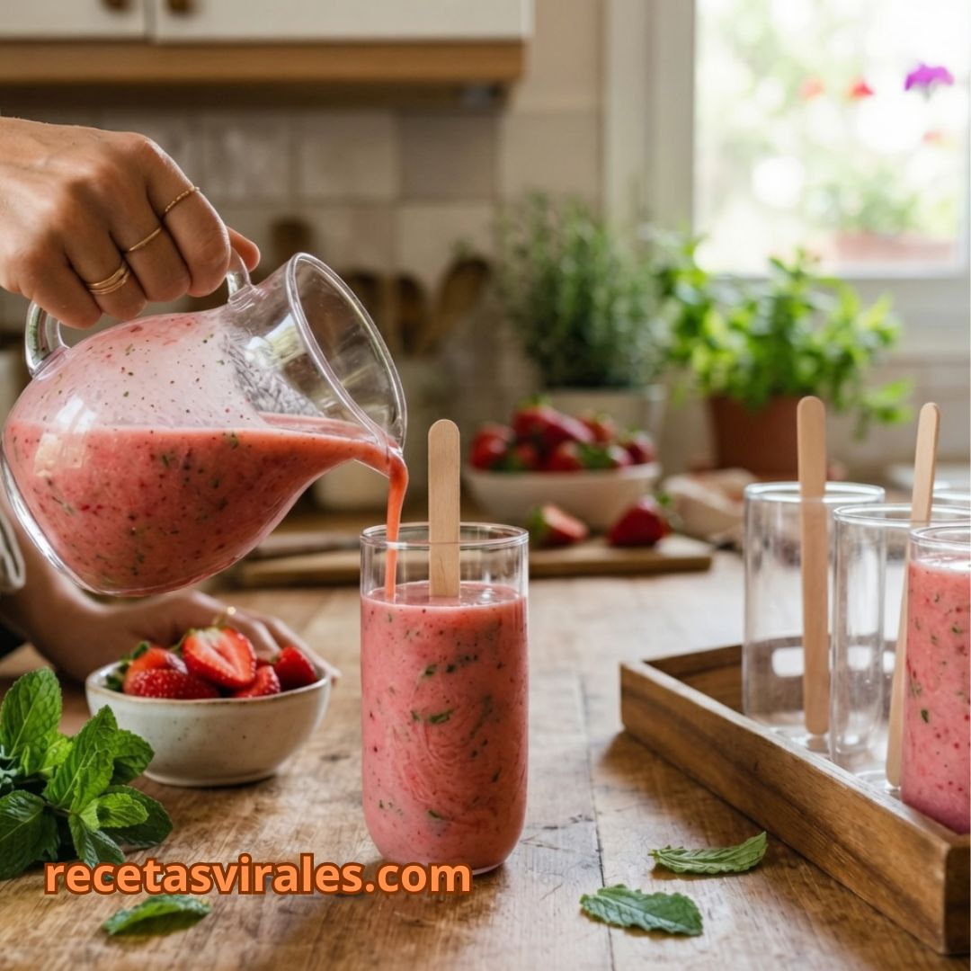 Heladitos caseros de fresa y hierbabuena doblemente refrescantes